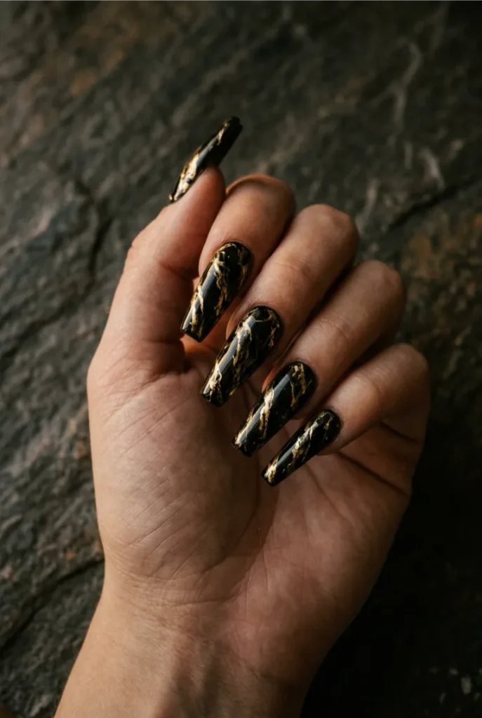 Black and Gold Coffin Nails