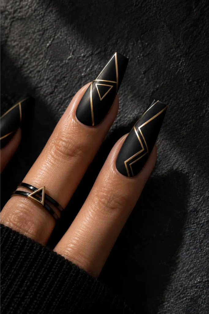 Black and Gold Geometric Coffin Nails 