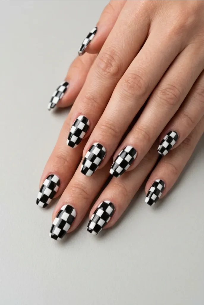 Black and White Checkerboard Coffin Nails