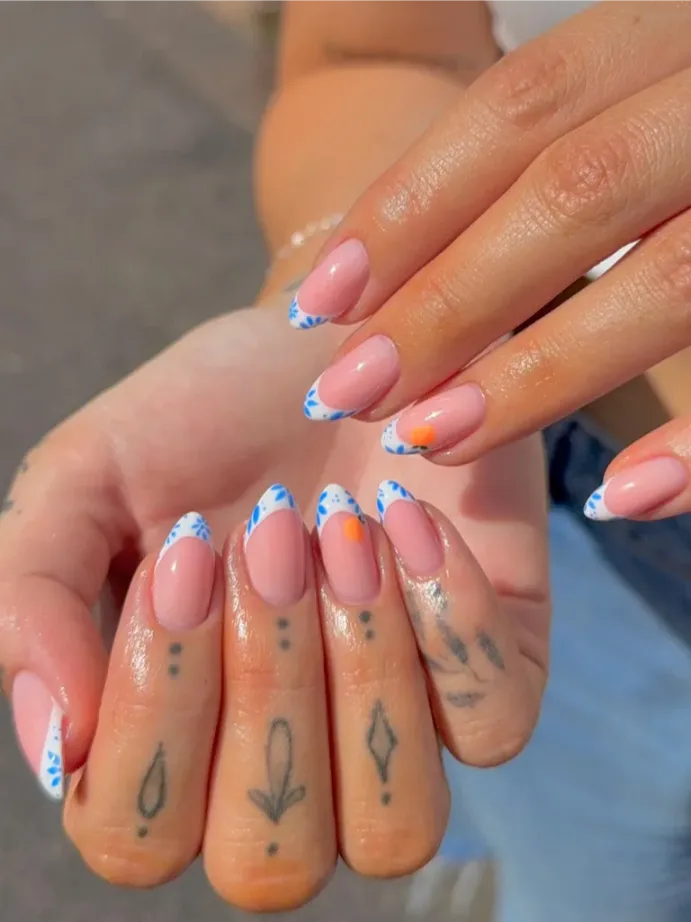 Blue Floral French Tips
