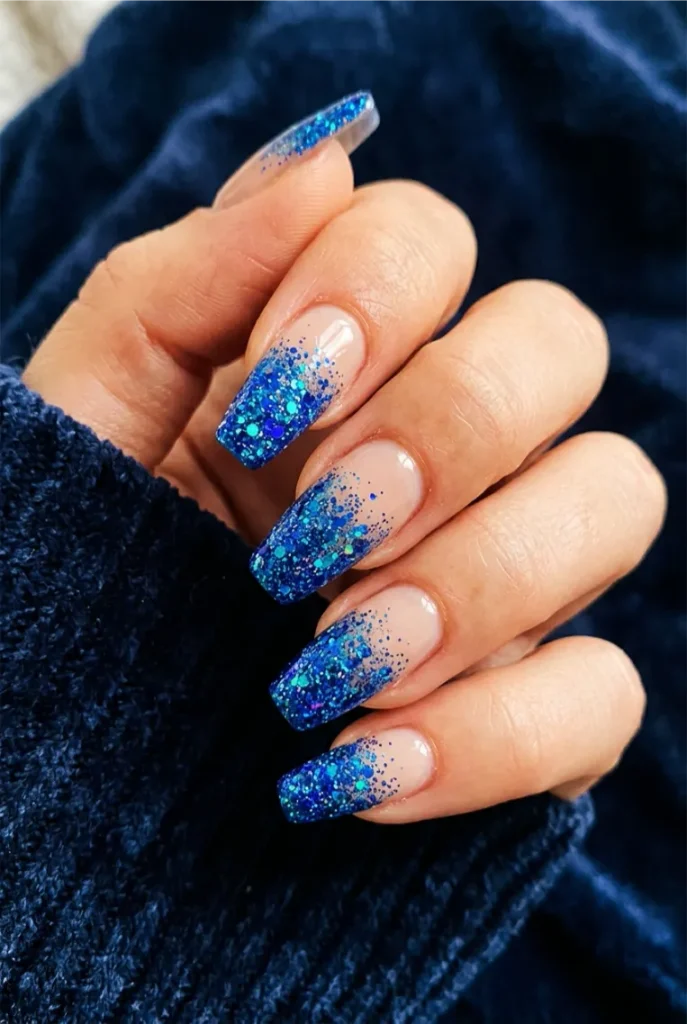 Blue Glitter Ombre Coffin Nails