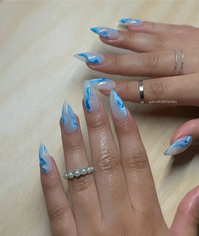 Blue Ink Marble Stiletto Nails