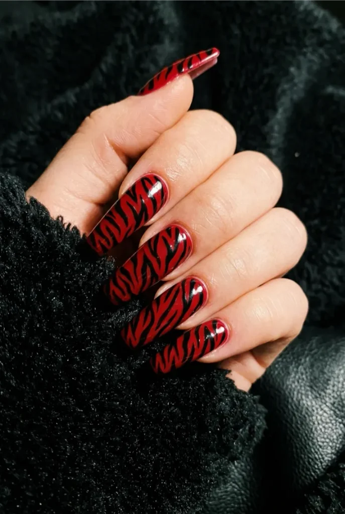 Bold Red and Black Zebra Print Coffin Nails