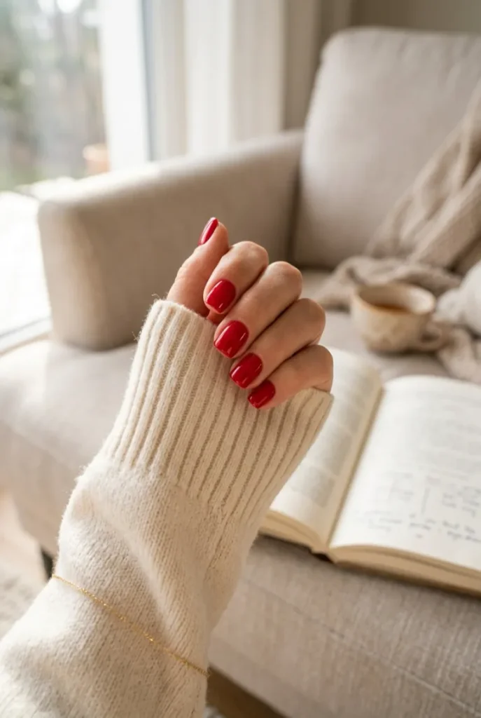 Cherry Red Glossy Square Nails