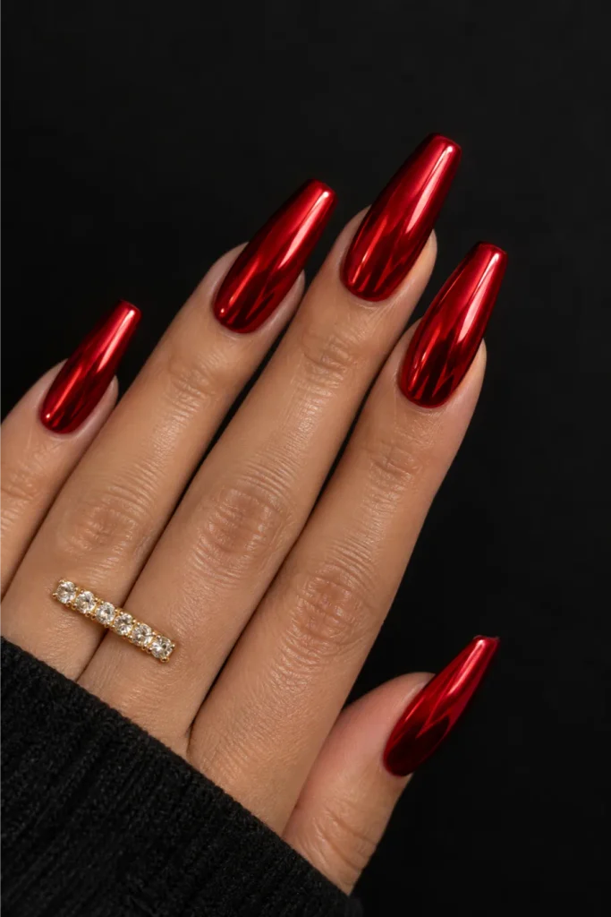 Chrome Cherry Red Coffin Nails