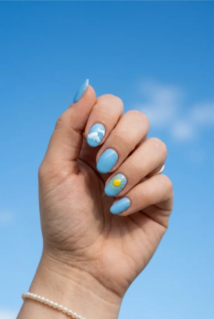 Cloud and Sun Mismatched Accent Nails