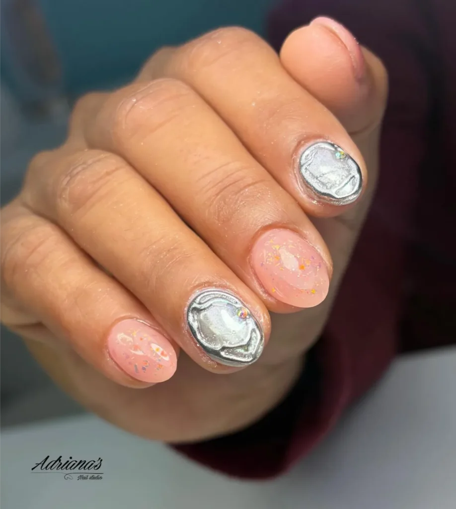 Crushed Silver Foil Accent Nails