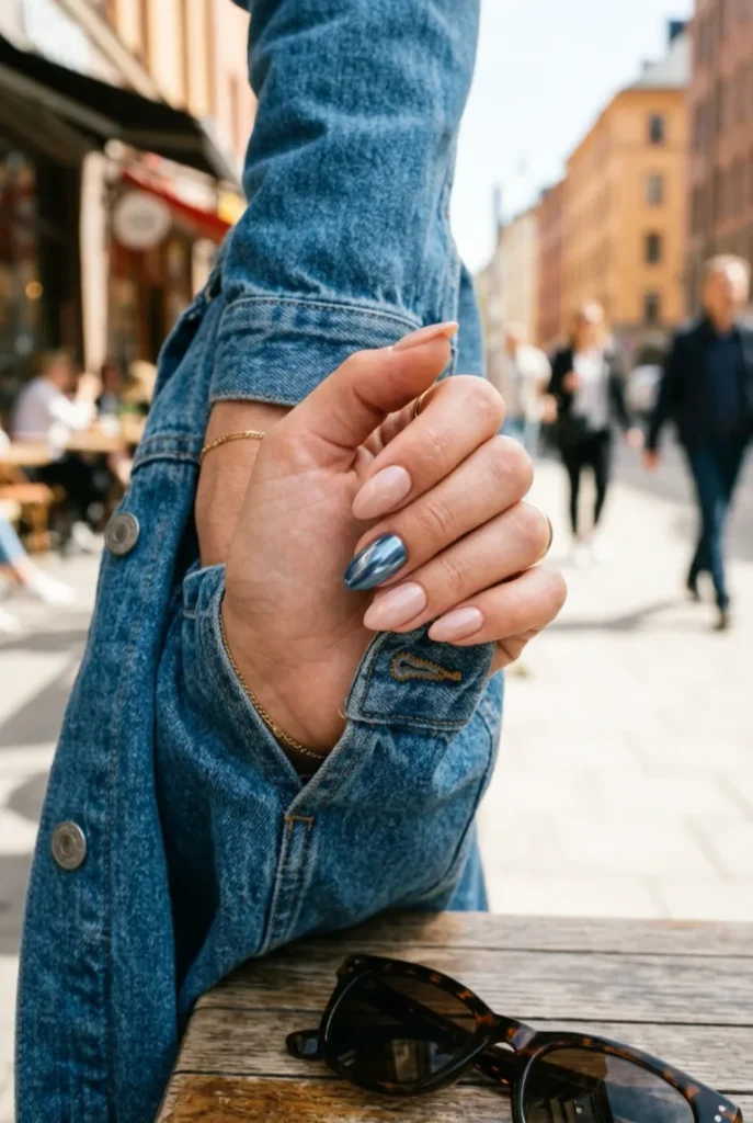 Denim Blue Chrome Accent Nail