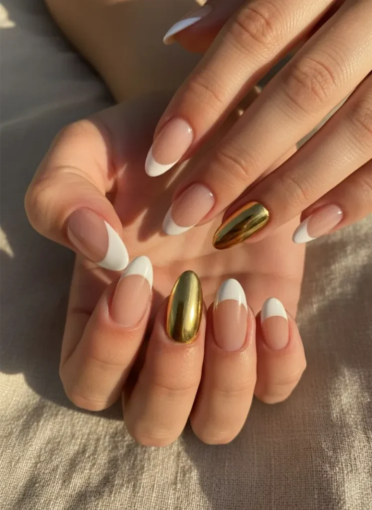 Gold Chrome French Tip Nails Almond