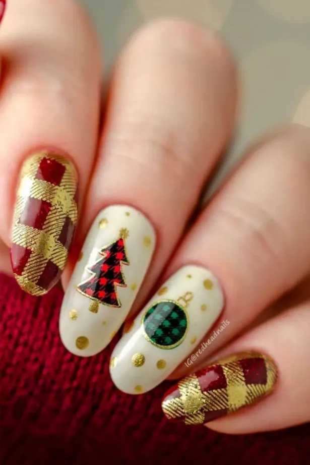 Gold Foil Plaid and Cream Holiday Ornaments