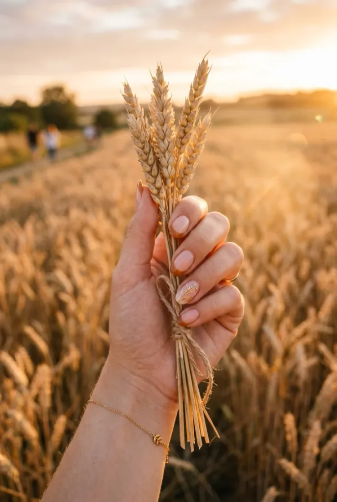 Golden Wheat Stalk Line Art Accent Nail