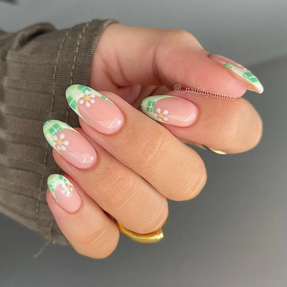 Green Gingham French Tips