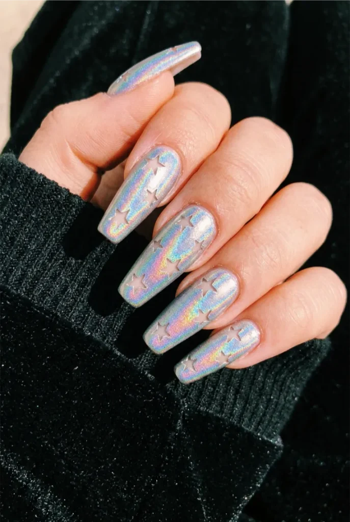 Holographic Silver Coffin Nails