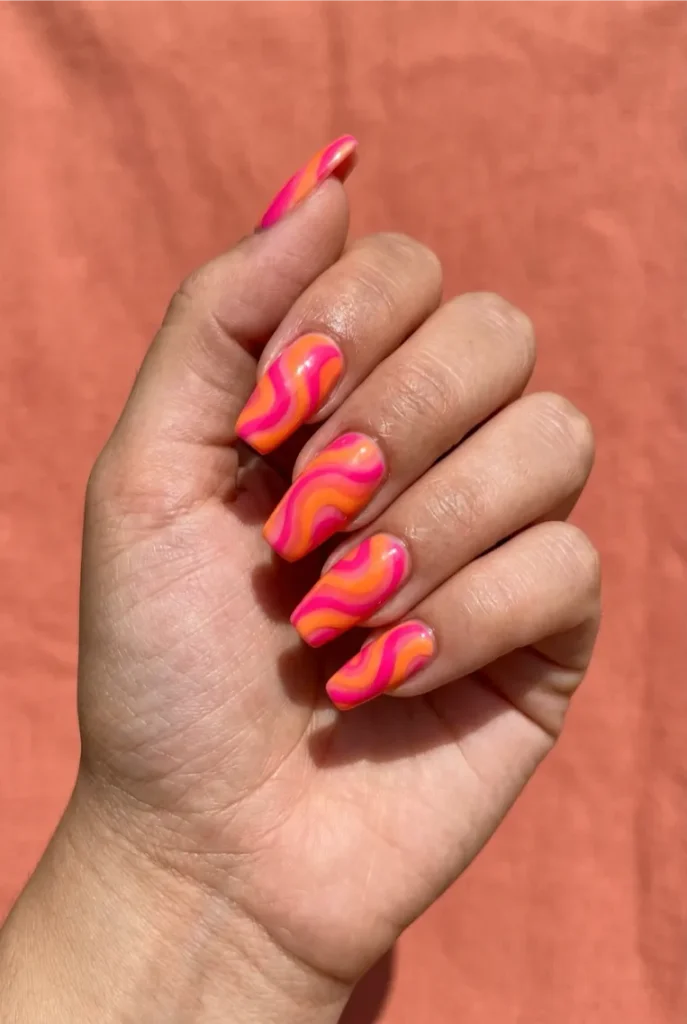 Hot Pink and Orange Swirl Coffin Nails
