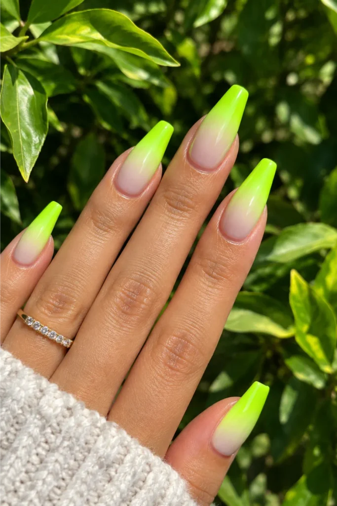 Neon Lime Ombre Coffin Nails