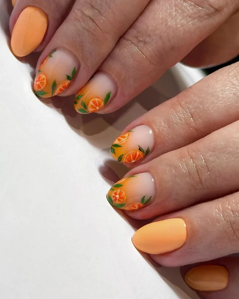 Nude Nails with Painted Orange Slices