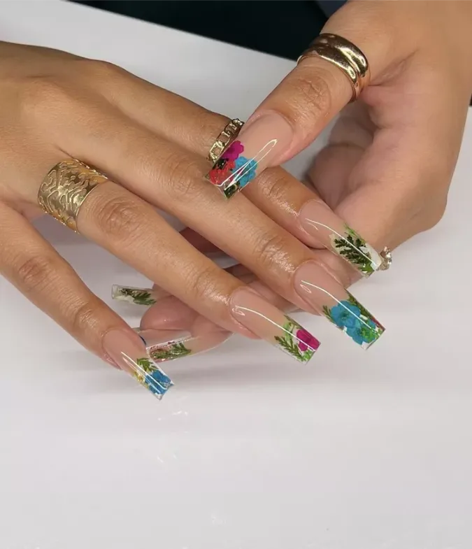 Pressed Dried Flowers Sealed Under Clear Gel Tips