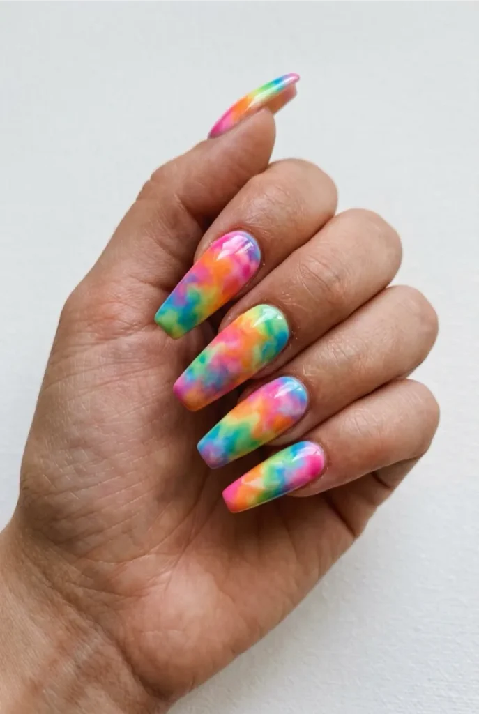 Rainbow Tie Dye Coffin Nails