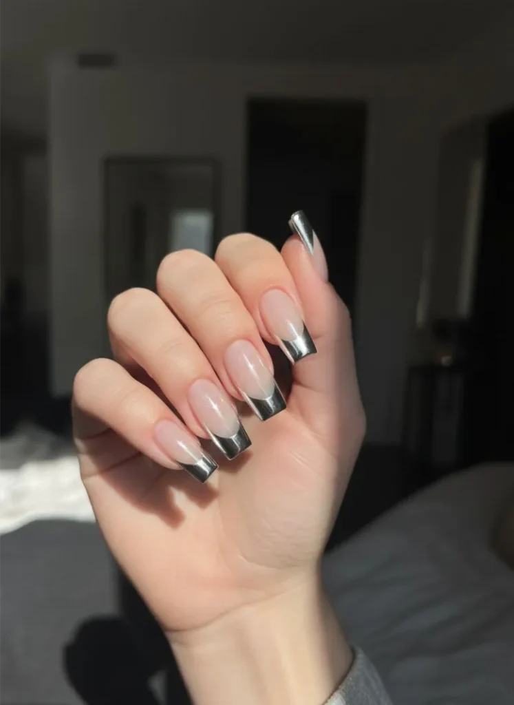 Silver Coffin French Tip Nails