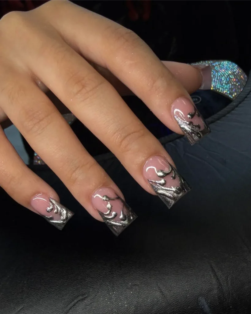 Silver Wave-Pattern French Tips
