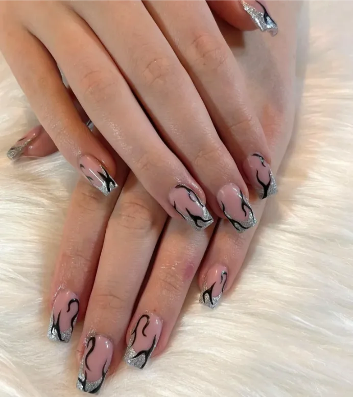 Square Nails With Silver Glitter