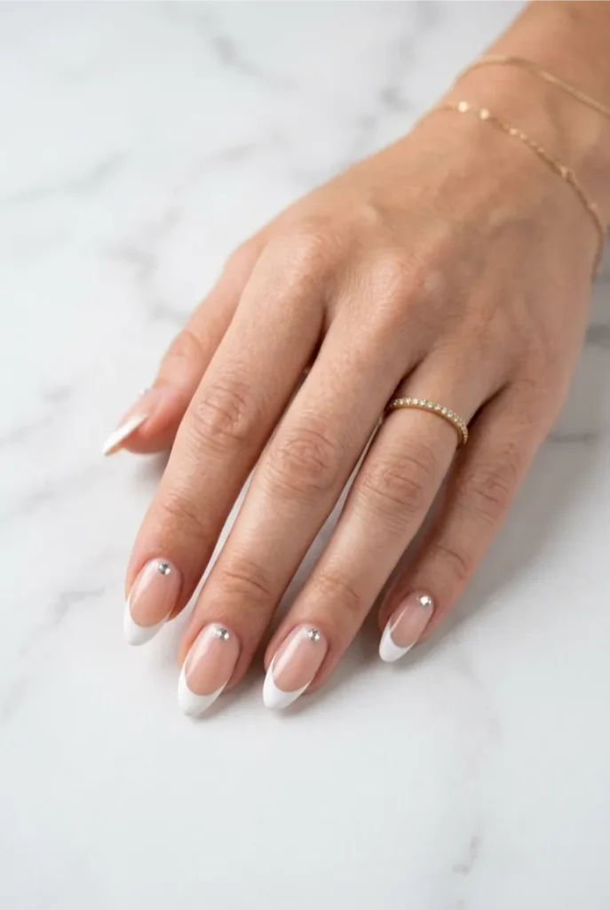 White French Tip Nails with Rhinestones