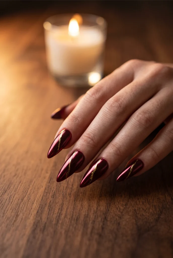 Wine Red Chrome Stiletto Nails